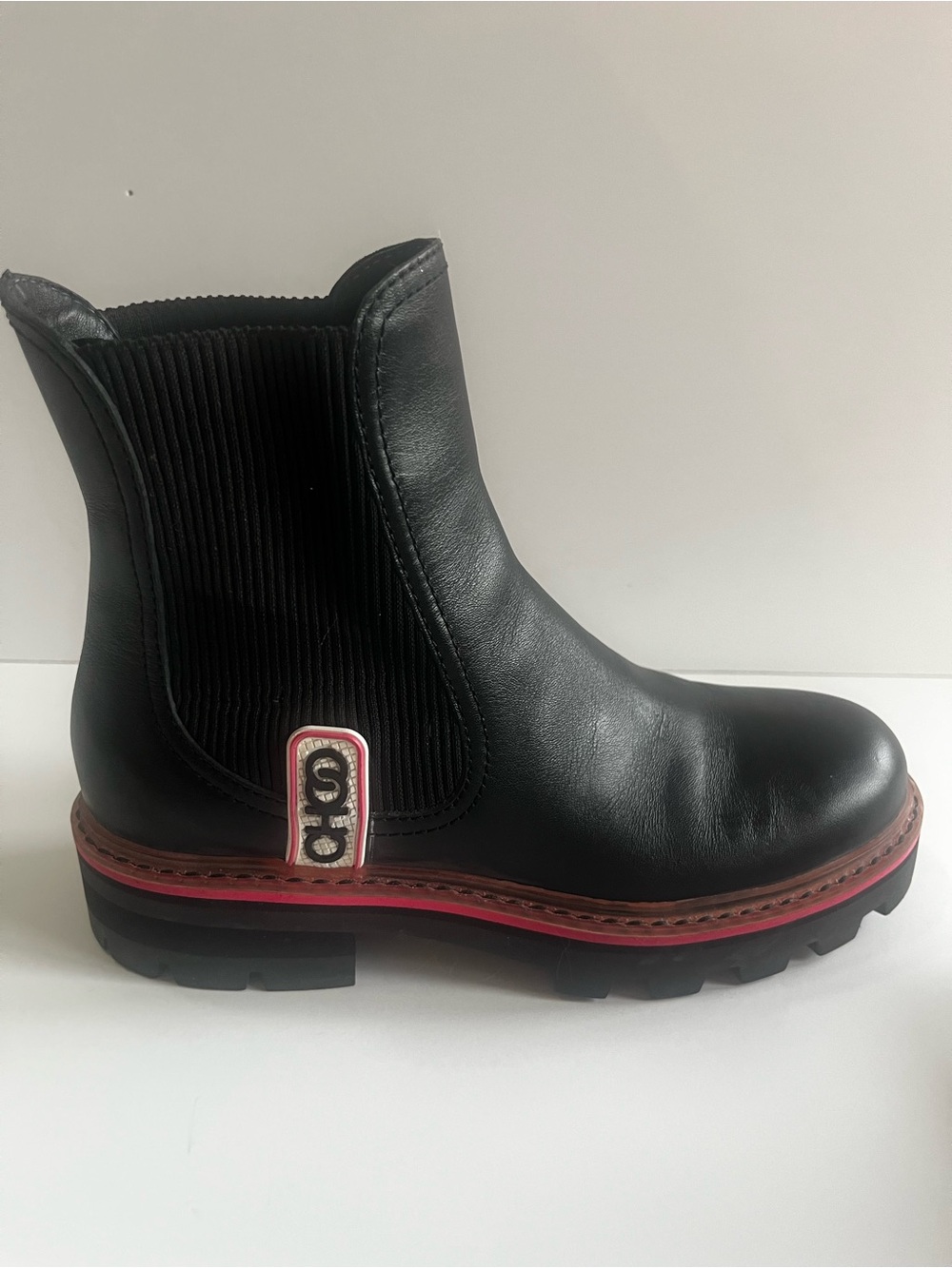 Jimmy Choo Black Leather Ankle Boots with Pink Trim